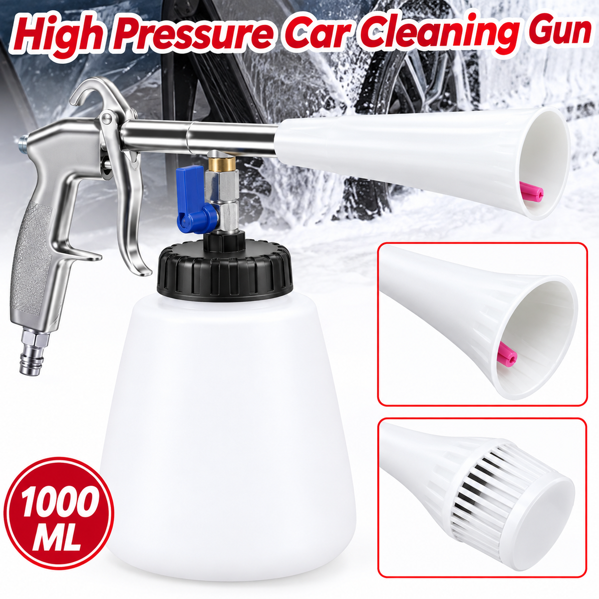 Pistolet de nettoyage 1000 ml avec brosse et buse : voiture et intérieur