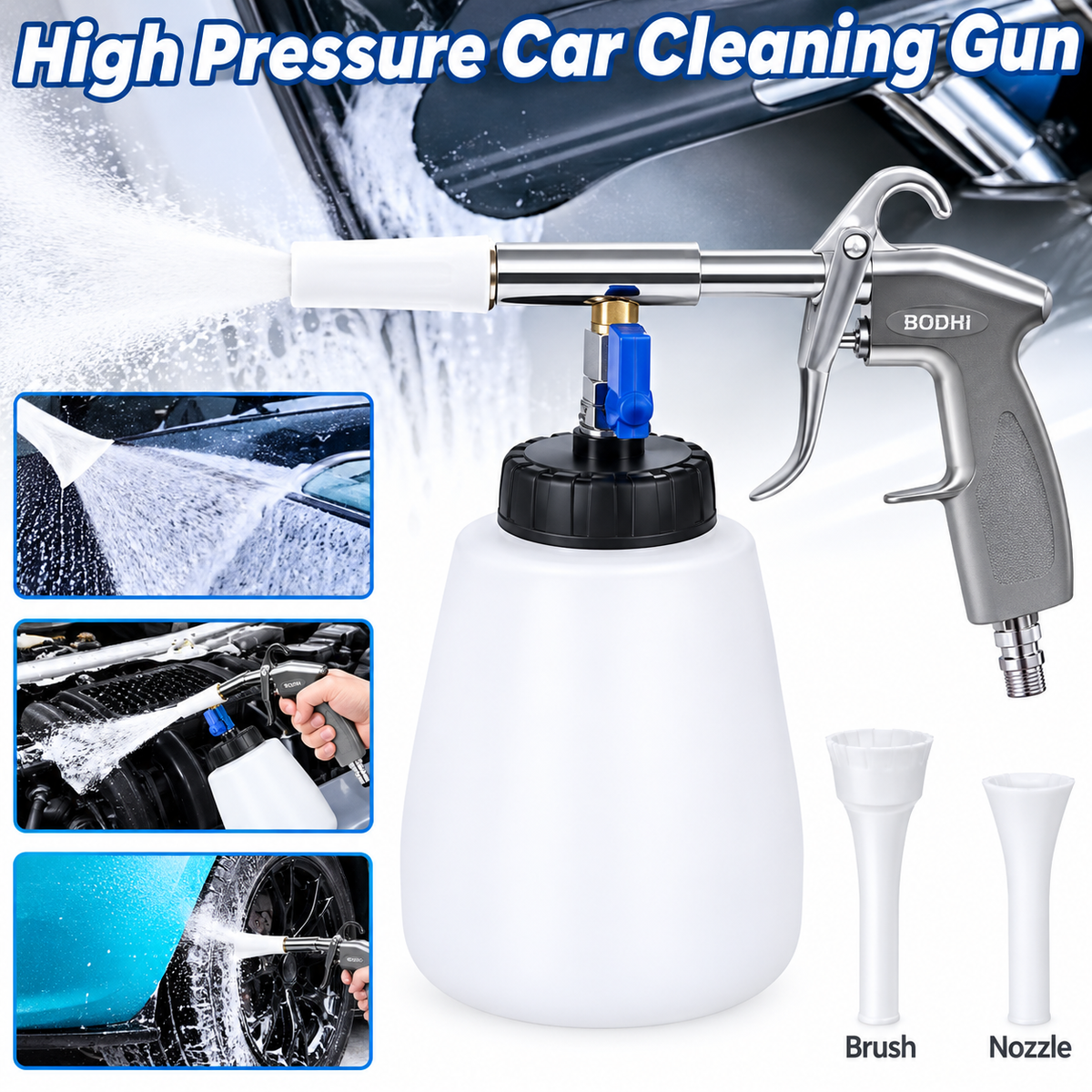 Pistolet de nettoyage 1000 ml avec brosse et buse : voiture et intérieur